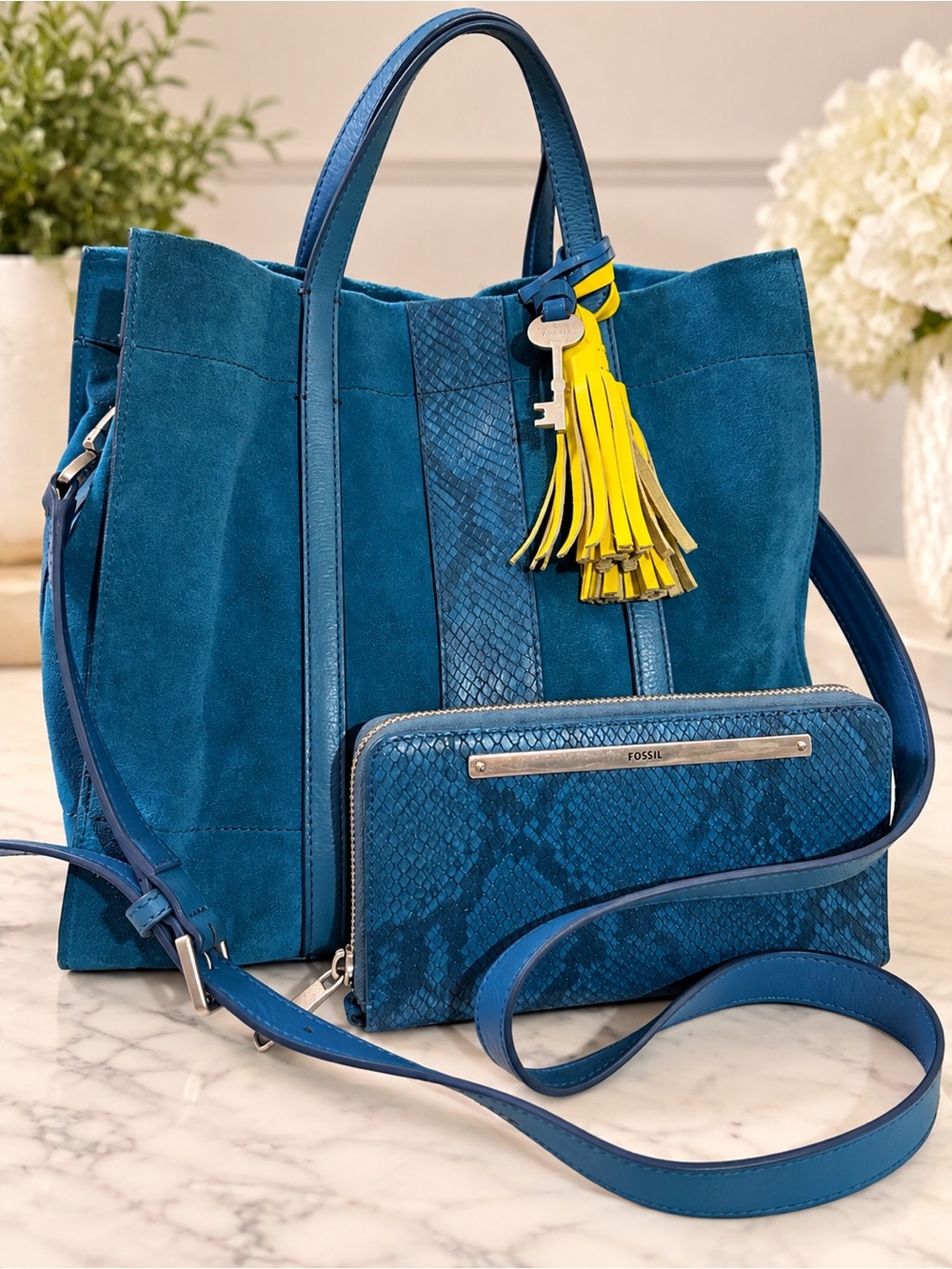 Fossil Teal blue Suede & Phyton Tote snake Yellow Tassel key and Matching Wallet